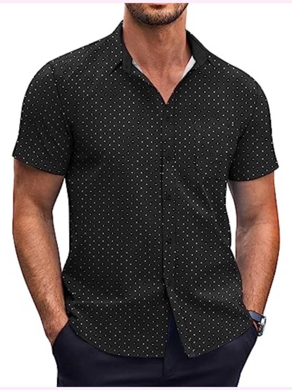 Wrinkle Free Mens Short Sleeve Button Down Shirt Polka Dot Casual Dress Shirt